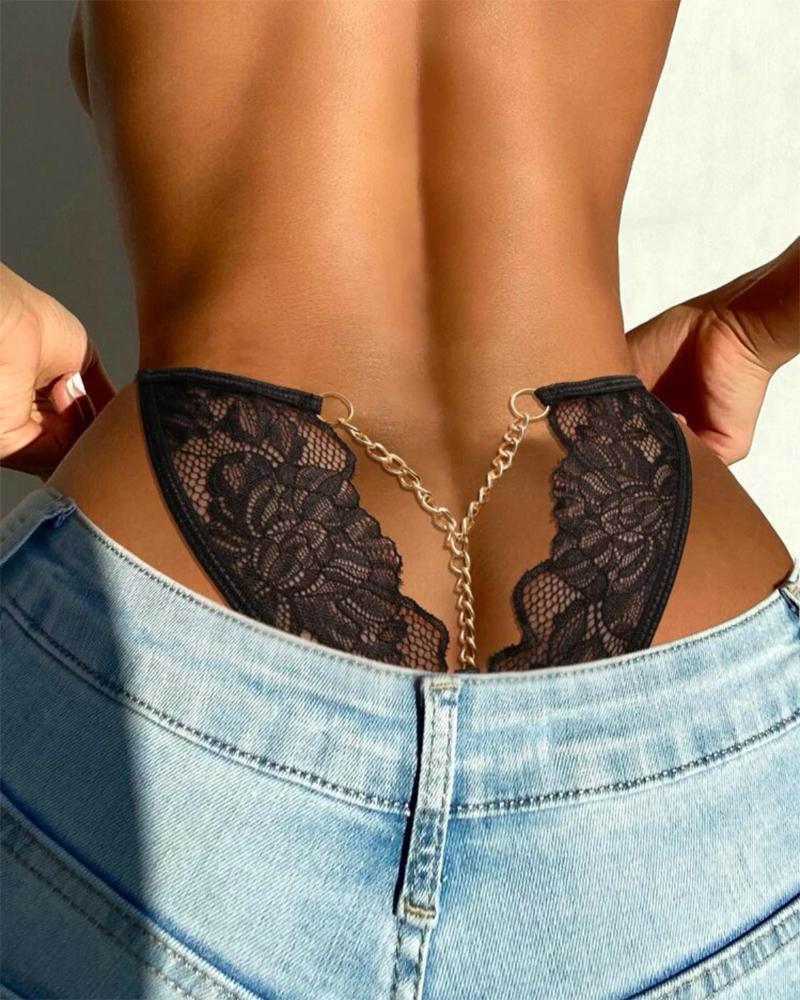 

Chain Decor Lace Thong Panty, Black