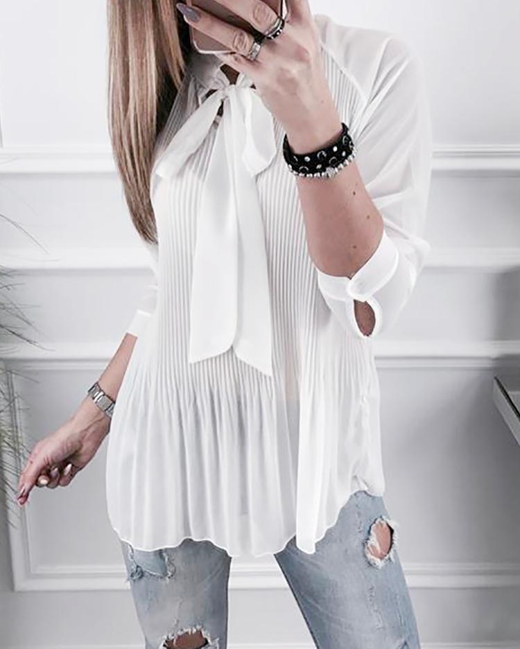 

Casual Pleated Bowtie Solid Color Blouses, White