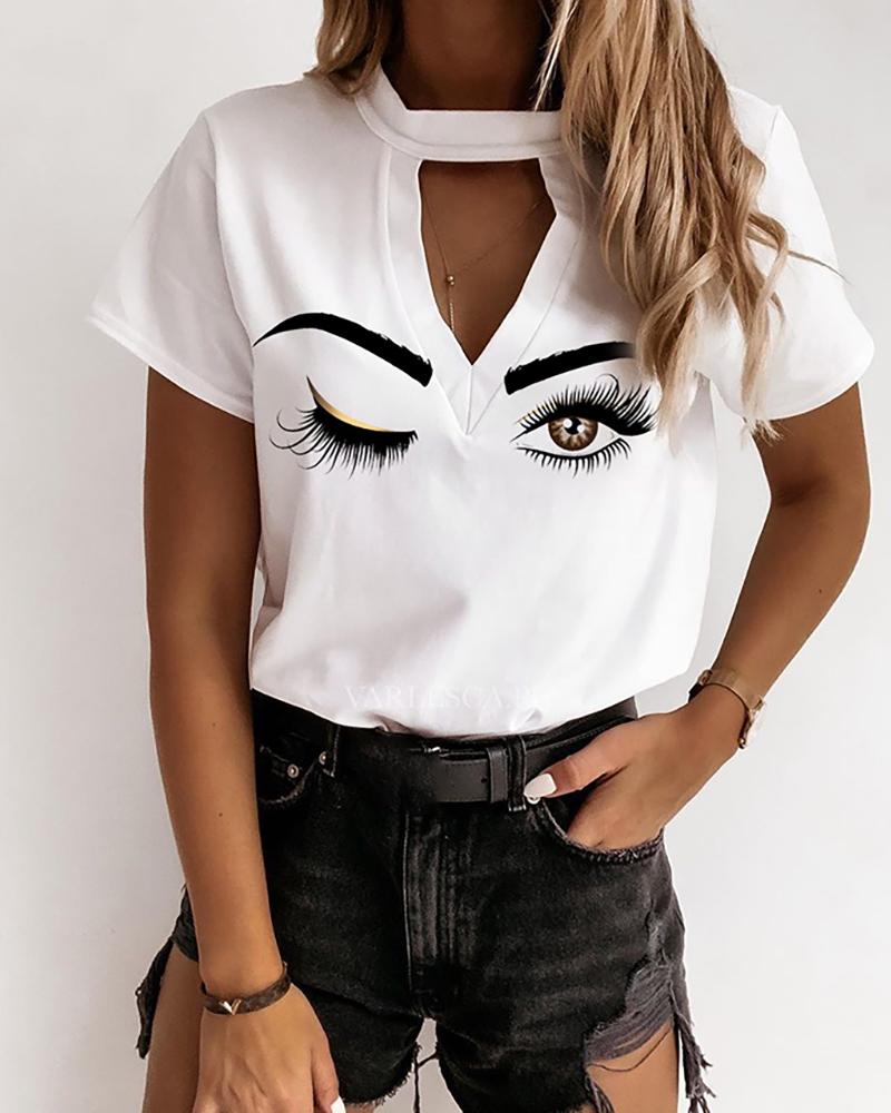 

Eyes Print Cutout Casual T-shirt, White