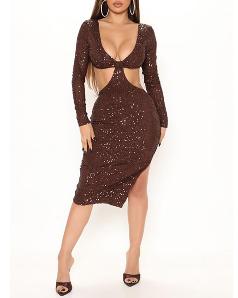 

Long Sleeve Plunge Cutout Backless Sequins Dress, Brown