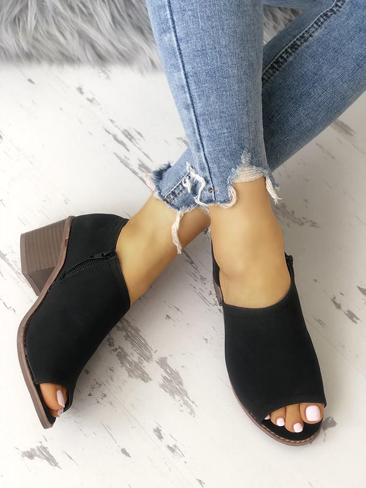 

Peep Toe Zipper Chunky Heeled Sandals, Black