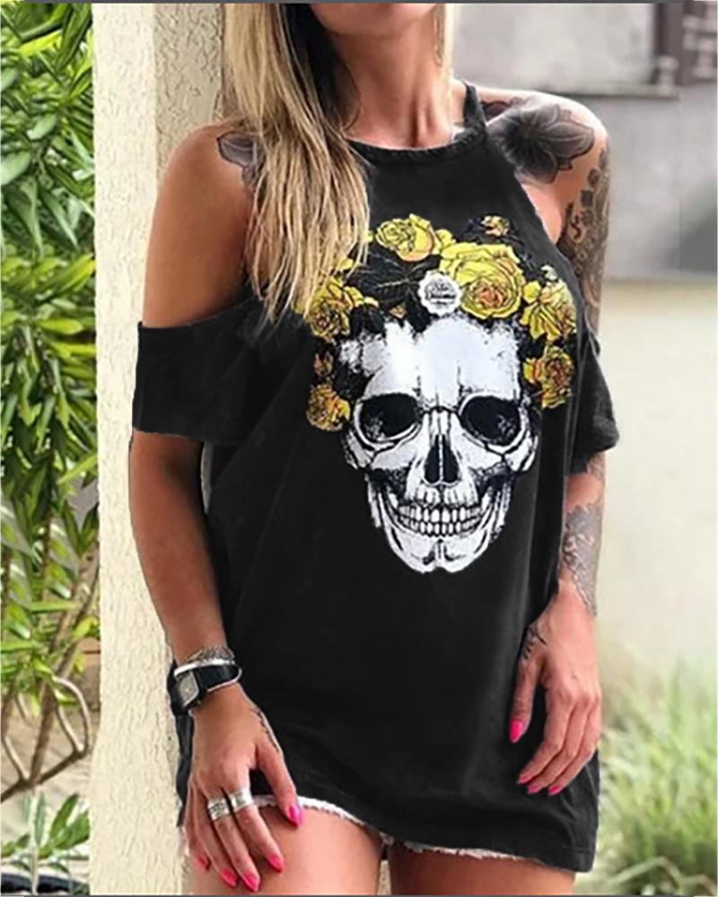 

Skull Floral Print Cold Shoulder T-shirt, Black
