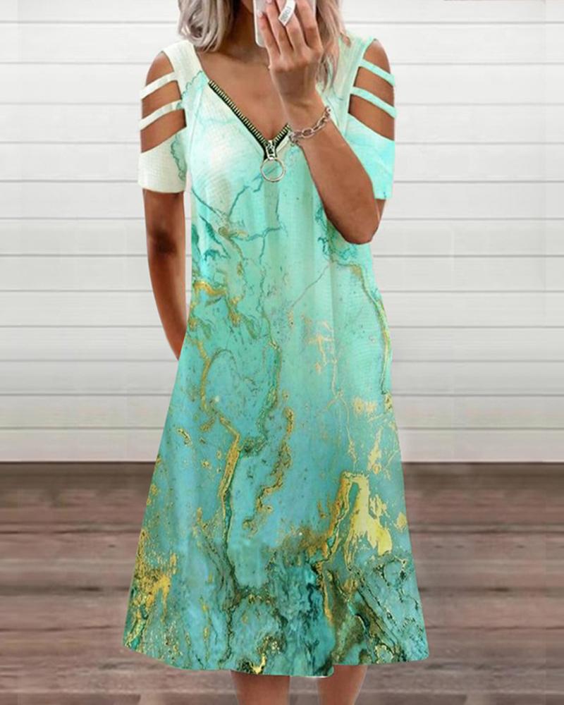 

Zipper Front Hollow-out Gradient Floral Print Dress, Green