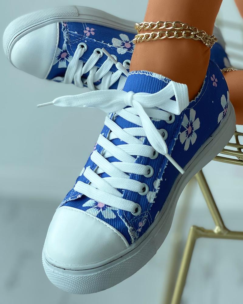 

Floral Print Eyelet Lace-up Canvas Shoes, Light blue