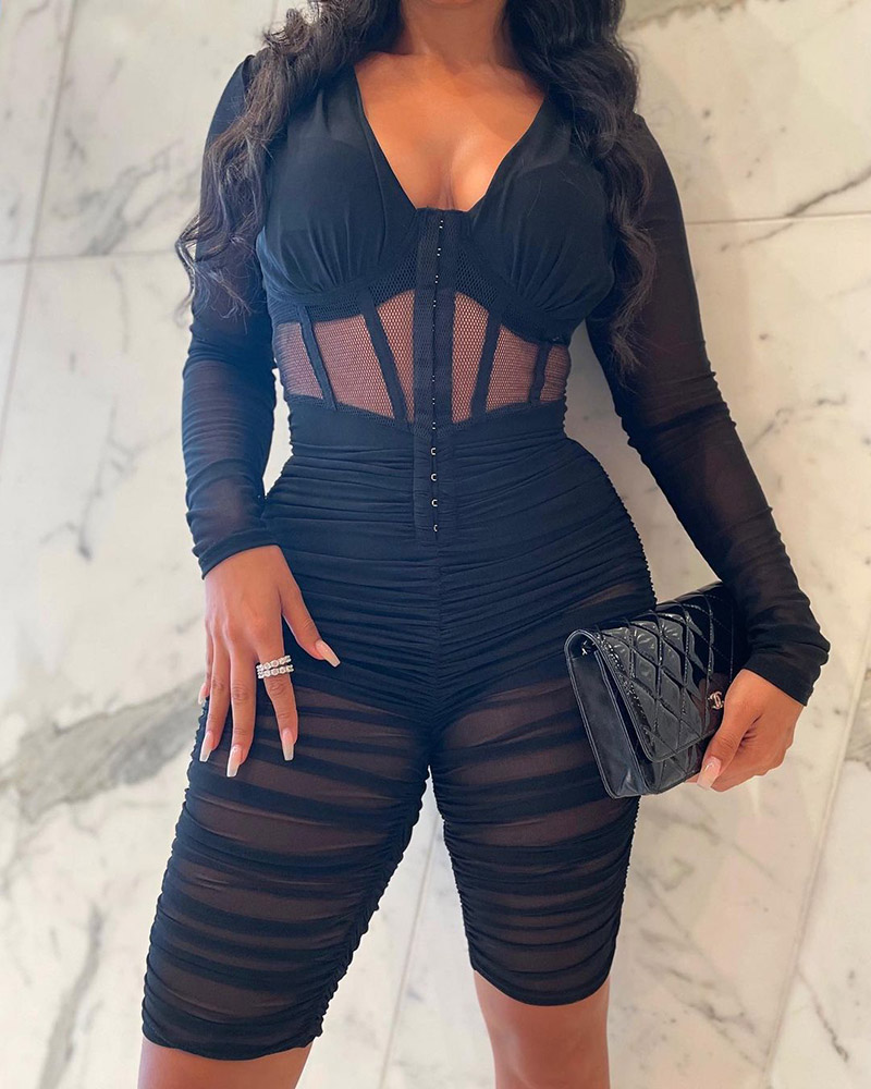 

Ruched Plunge Fishnet Patch Long Sleeve Skinny Romper, Black