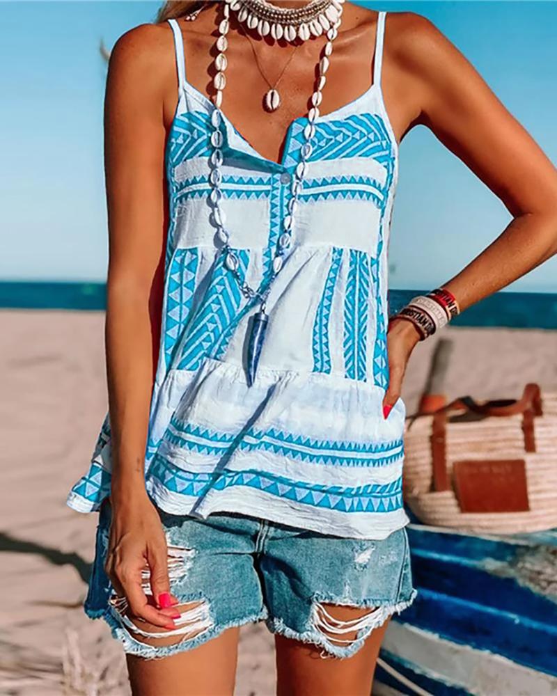 

Spaghetti Strap All Over Print Button Design Top, Light blue