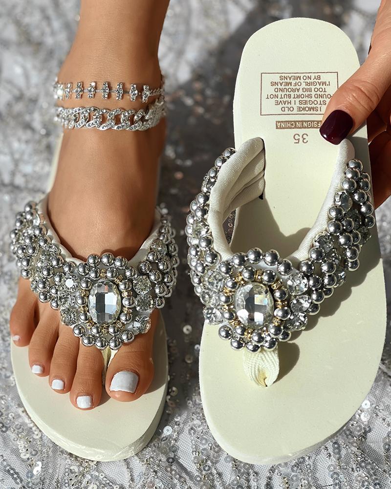 

Gem Stone Beaded Toe Post Platform Flip Flops, Beige