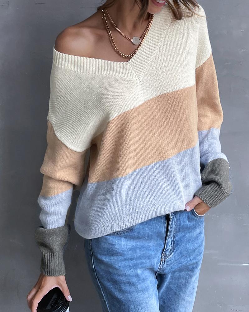 

V Neck Long Sleeve Striped Casual Knit Sweater, Multicolor