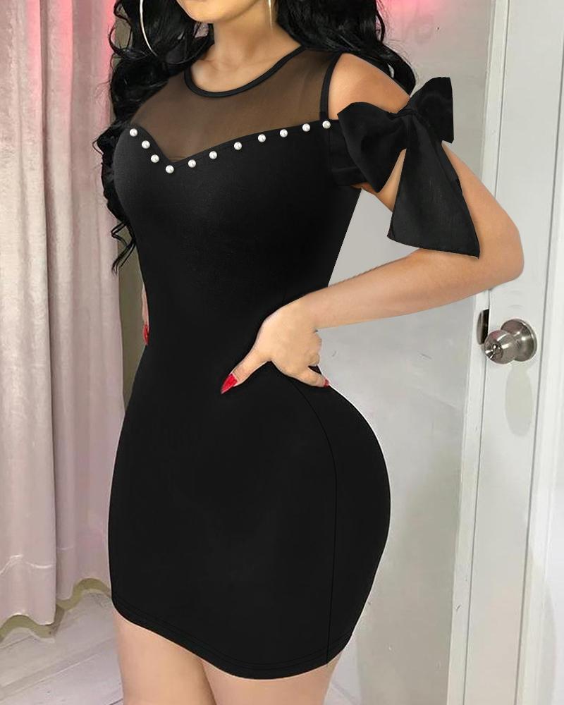 

Cold Shoulder Beaded Bowknot Design Bodycon Dress Sheer Mesh Patch Mini Dress, Black