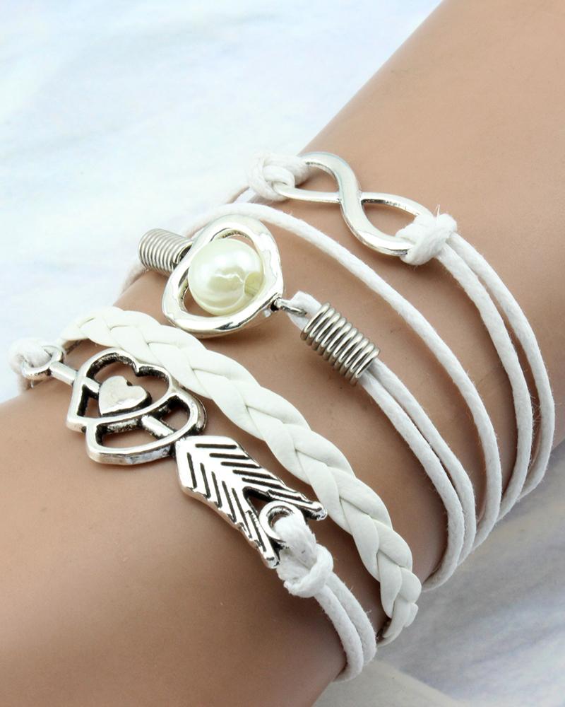 

Pulsera de cuero trenzado de múltiples capas con decoración de perlas de corazón doble 1pc, White