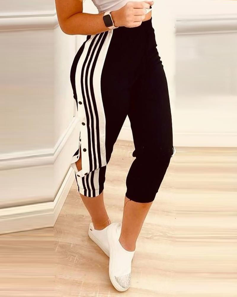 

High Waist Striped Button Design Pants, Black