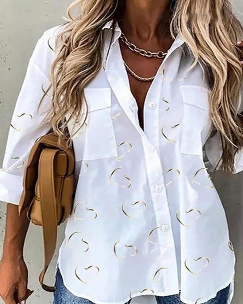 

Heart Print Pocket Button Design Top, White