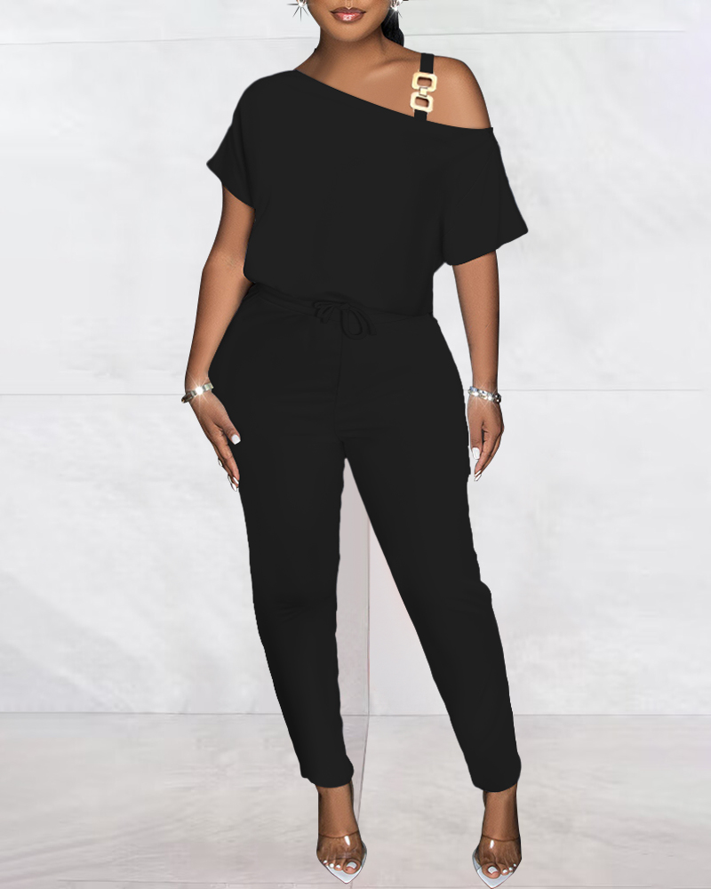 

Cold Shoulder Drawstring Chain Decor Jumpsuit, Black