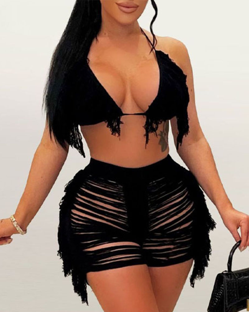

Crochet Fringe Trim Halter Crop Top & Ripped Cover Up Shorts Set, Black