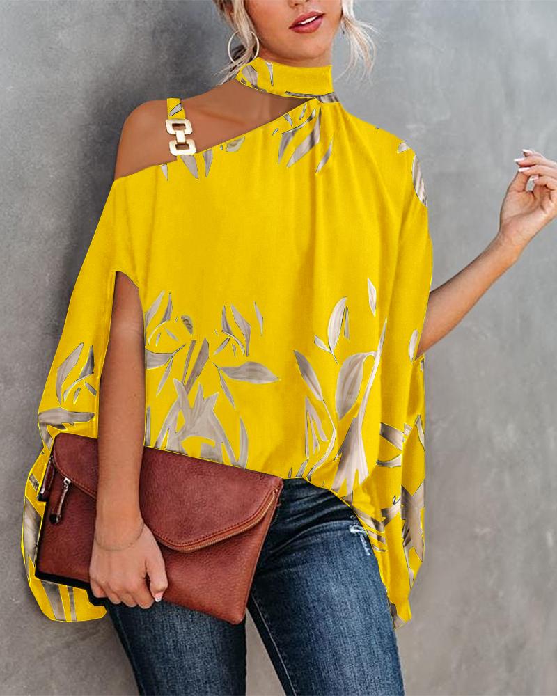 

Plants Print Chain Strap Cold Shoulder Top, Yellow