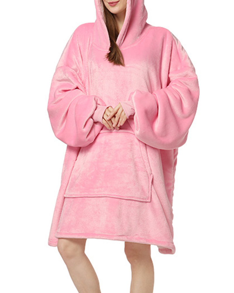 

Pocket Design Lantern Sleeve Fuzzy Blanket Hoodie, Pink