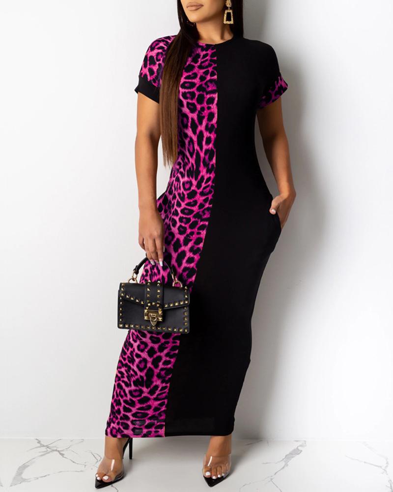 

Leopard Patchwork Short Sleeve Dress, Hot pink
