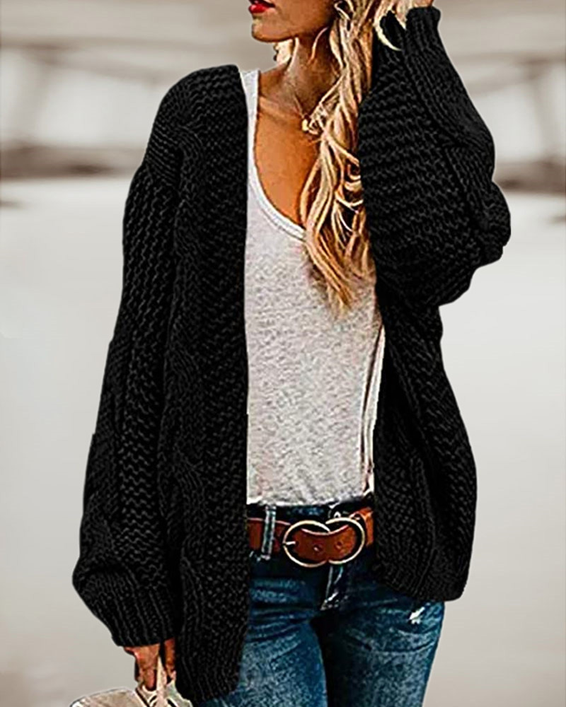

Braided Knit Long Sleeve Cardigan, Black