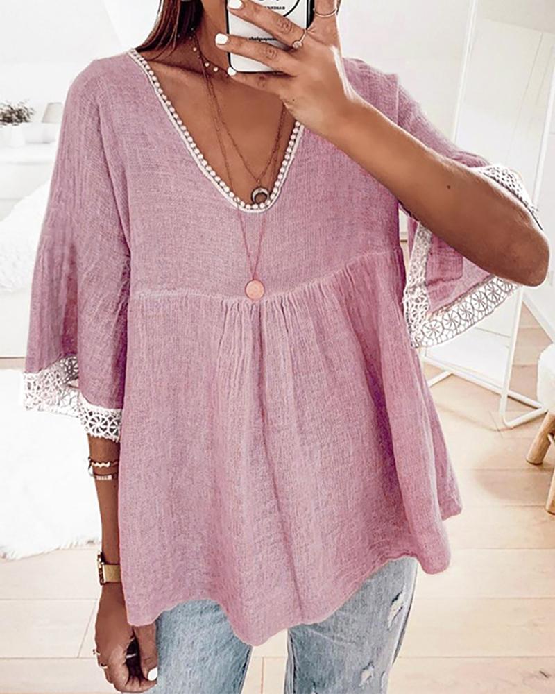 

Lace Trim Half Sleeve V-Neck Casual Top, Pink