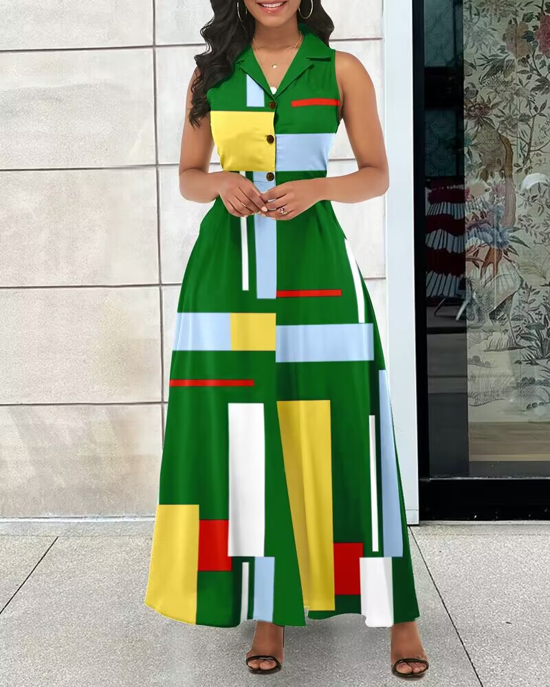 

Geometric Print Buttoned Maxi Dress, Green