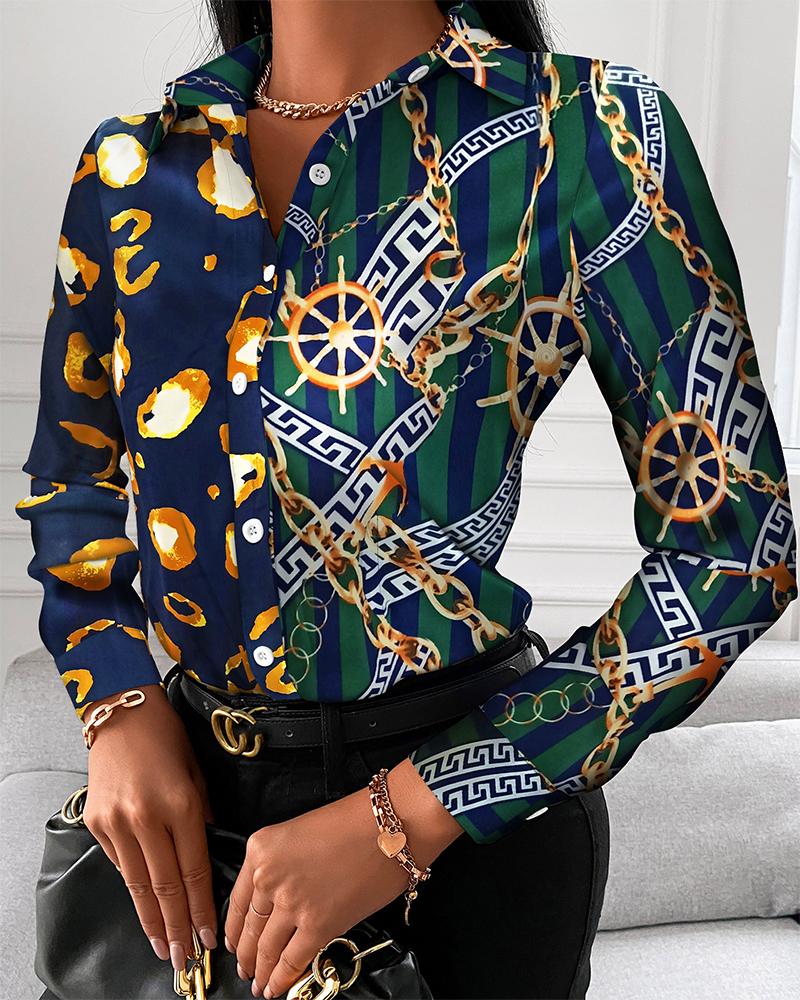 

Scarf Print Button Up Long Sleeve Blouse, Multicolor