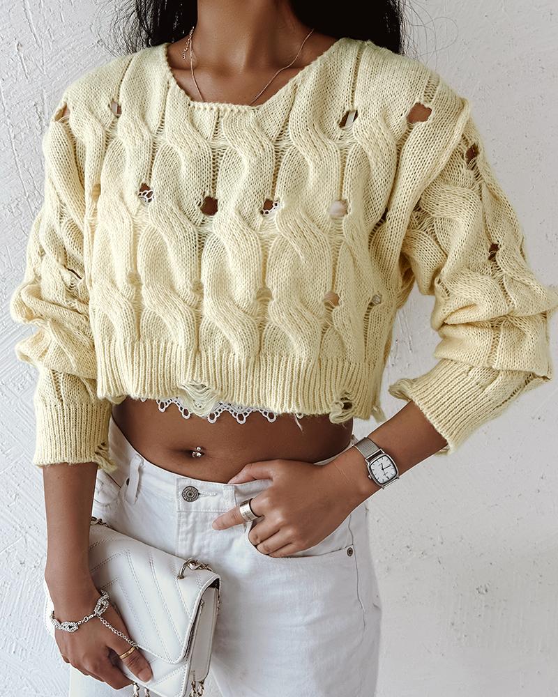 

Raw Hem Hollow Out Knit Sweater, Yellow