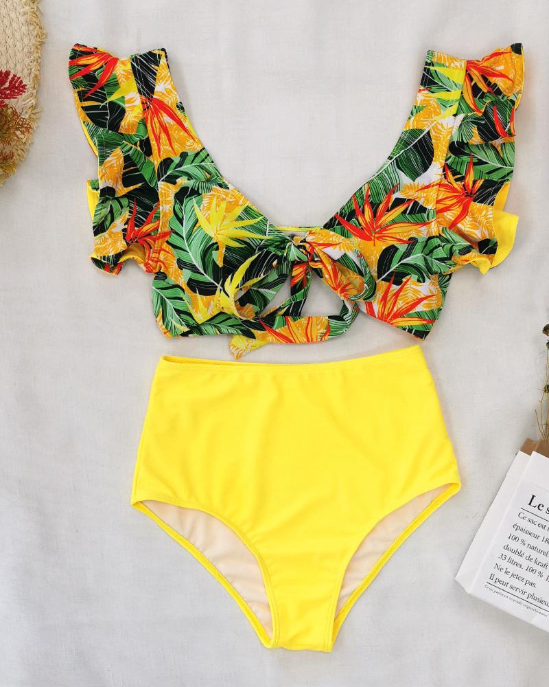 

Tropical Print Knotted Ruffles Bikini Set, Yellow