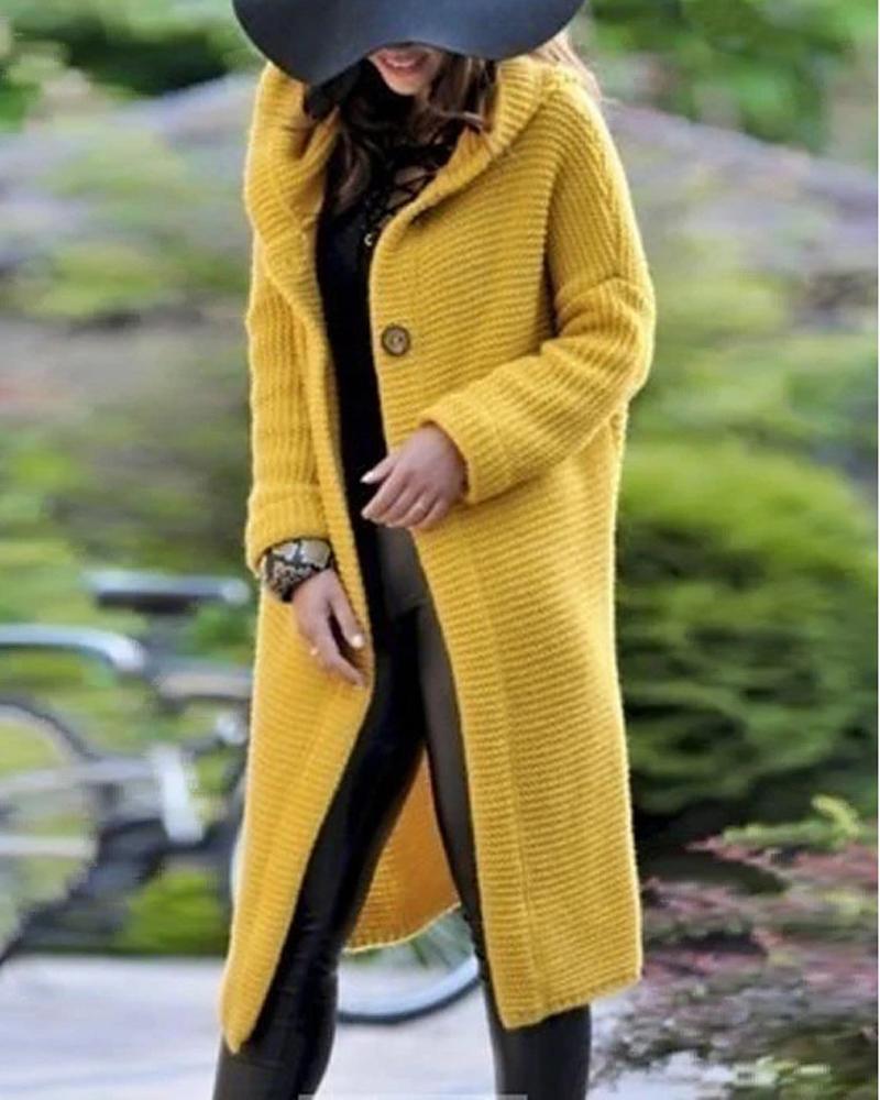 

Button Front Hooded Longline Cardigan, Yellow