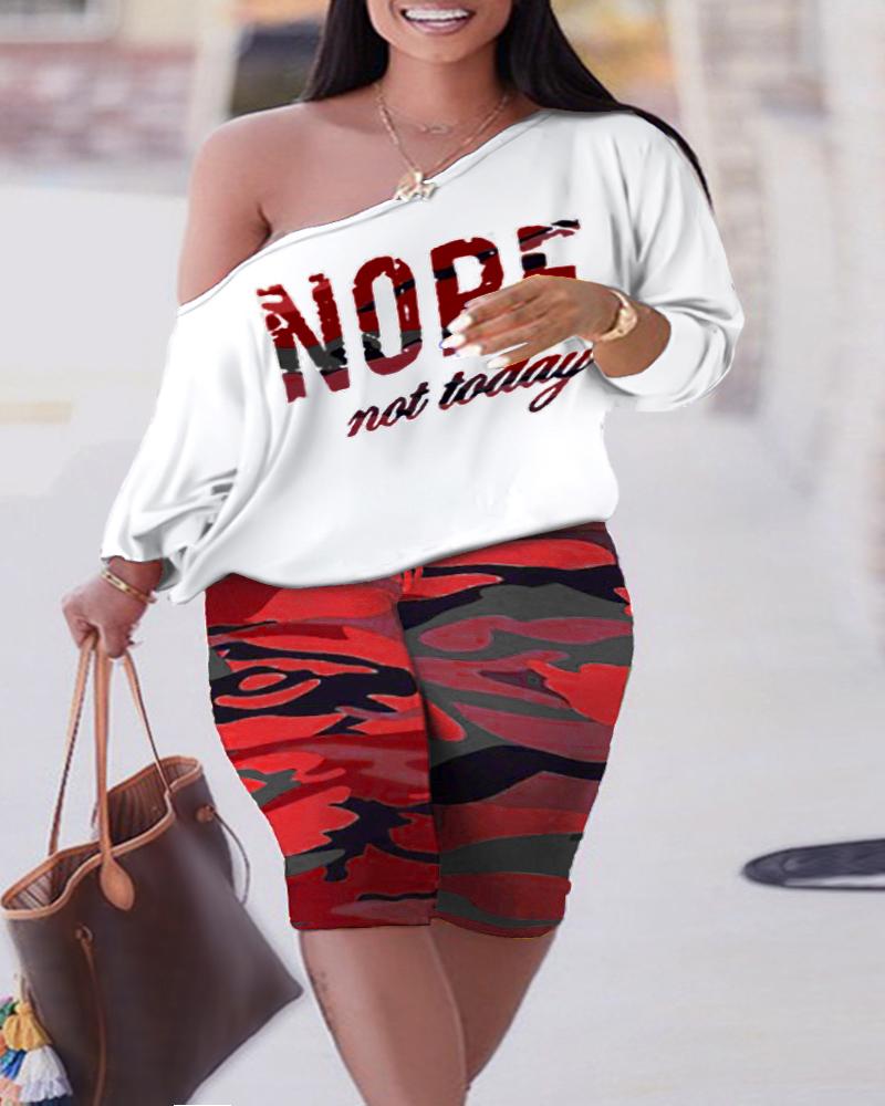 

Plus Size Nope Not Today Camouflage Print Top & Capris Pants Set, Red