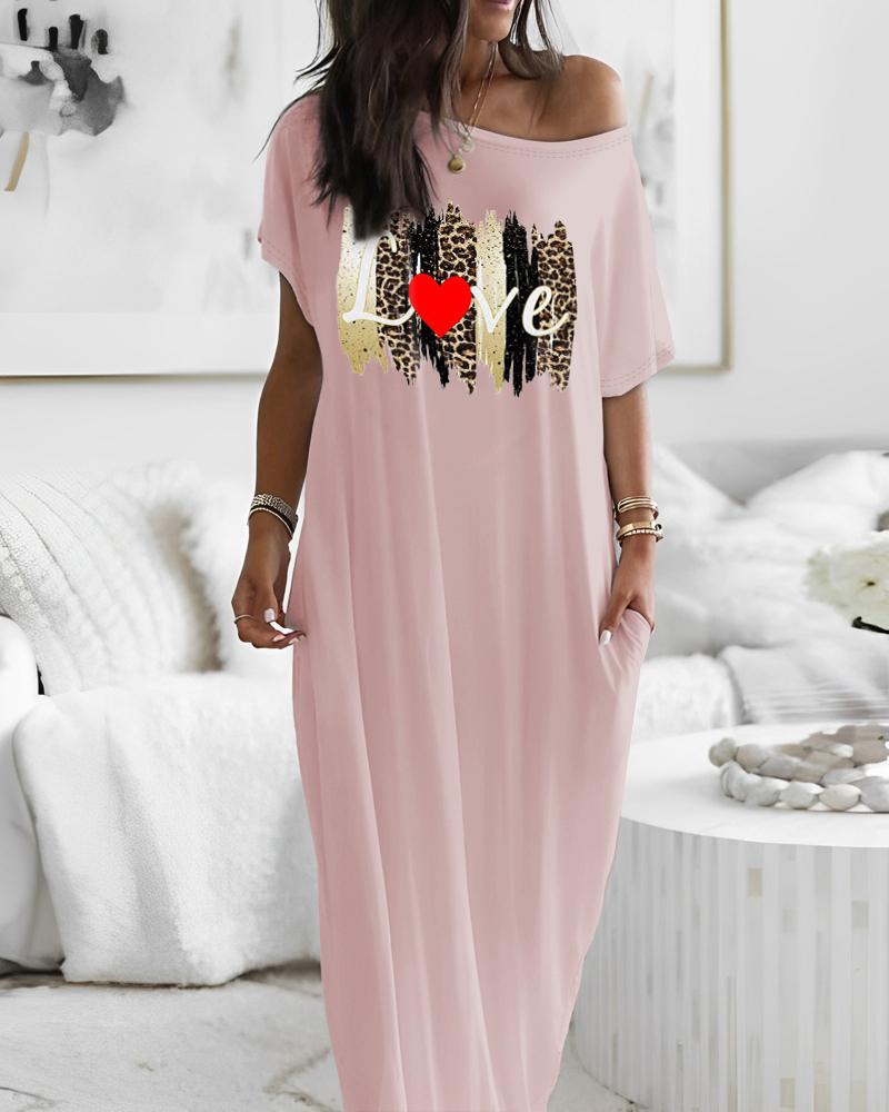 

Love Leopard Heart Print Round Neck Casual Dress, Pink