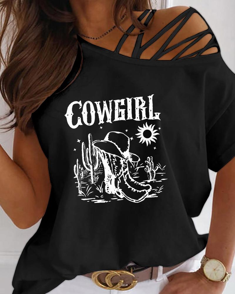 

Cowgirl Cactus Print Cold Shoulder T-shirt Western Country Music Graphic Tee, Black