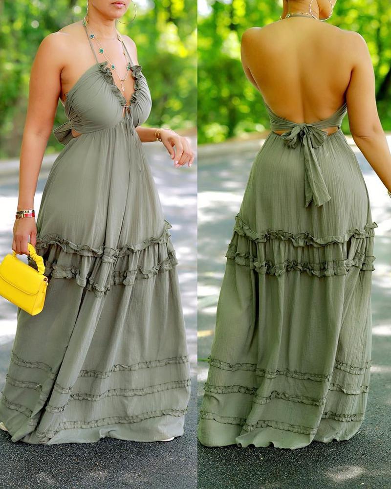 

Halter Backless Tied Detail Frill Hem Maxi Dress, Green