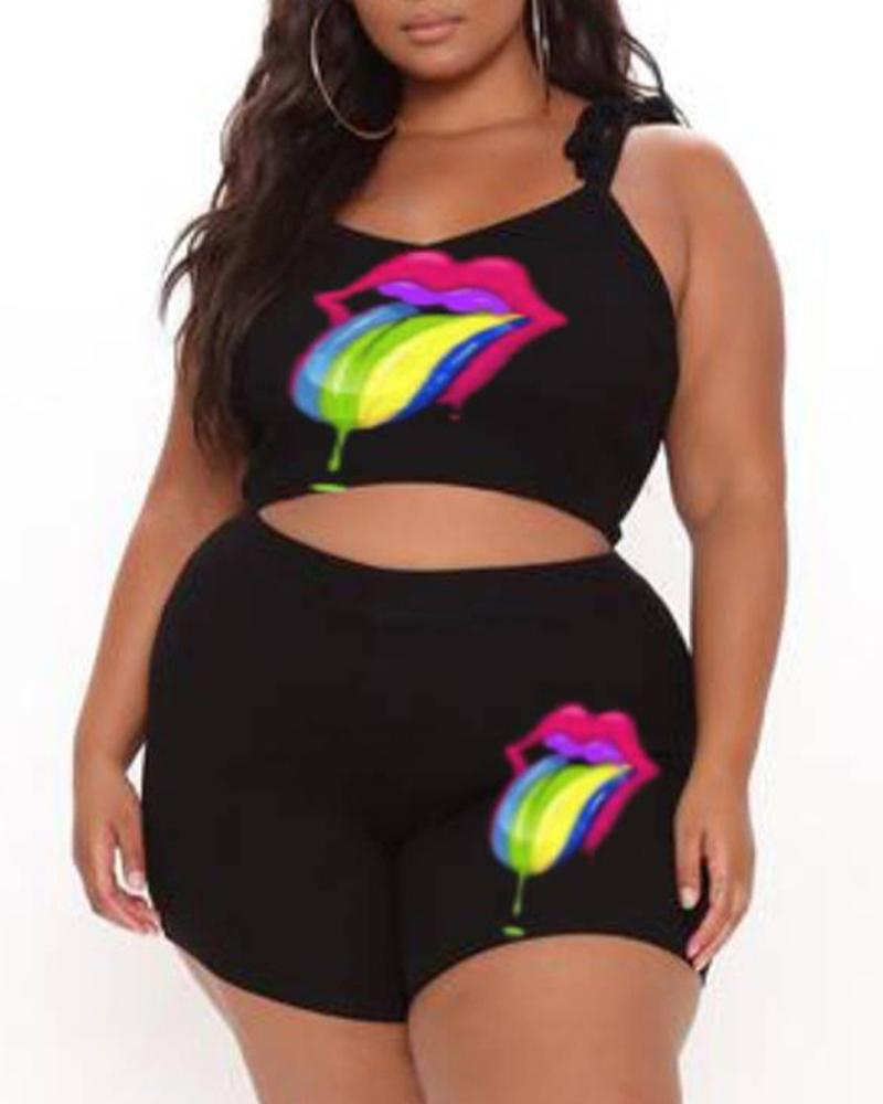 

Plus Size Lip Print Tied Detail Crop Cami Top & Shorts Set, Black