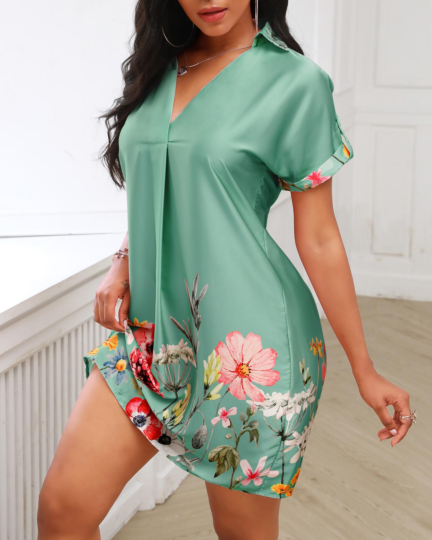 

Floral Print Short Sleeve Satin Dress, Green