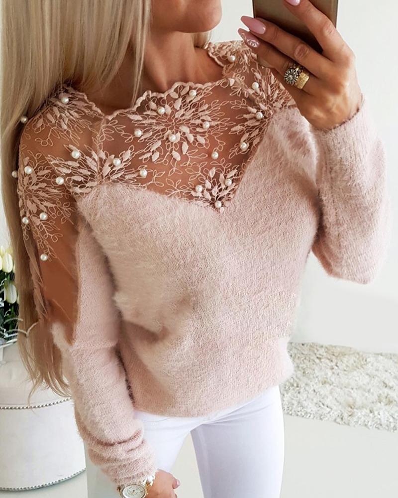 

Crochet Lace Beaded Fluffy Sheer Mesh Sweater, Pink
