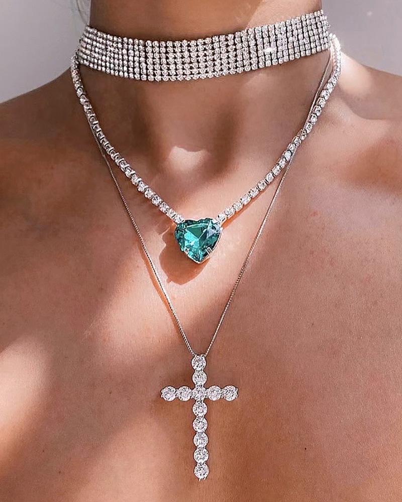 

1PC Allover Rhinestone Heart Cross Pendant Necklace, Green