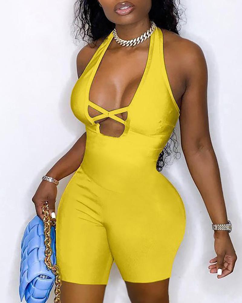 

Cross Cutout Halter Skinny Romper, Yellow