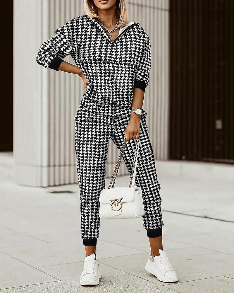 

Houndstooth Print Zip Front Hooded Top & Pants Set, Black&white