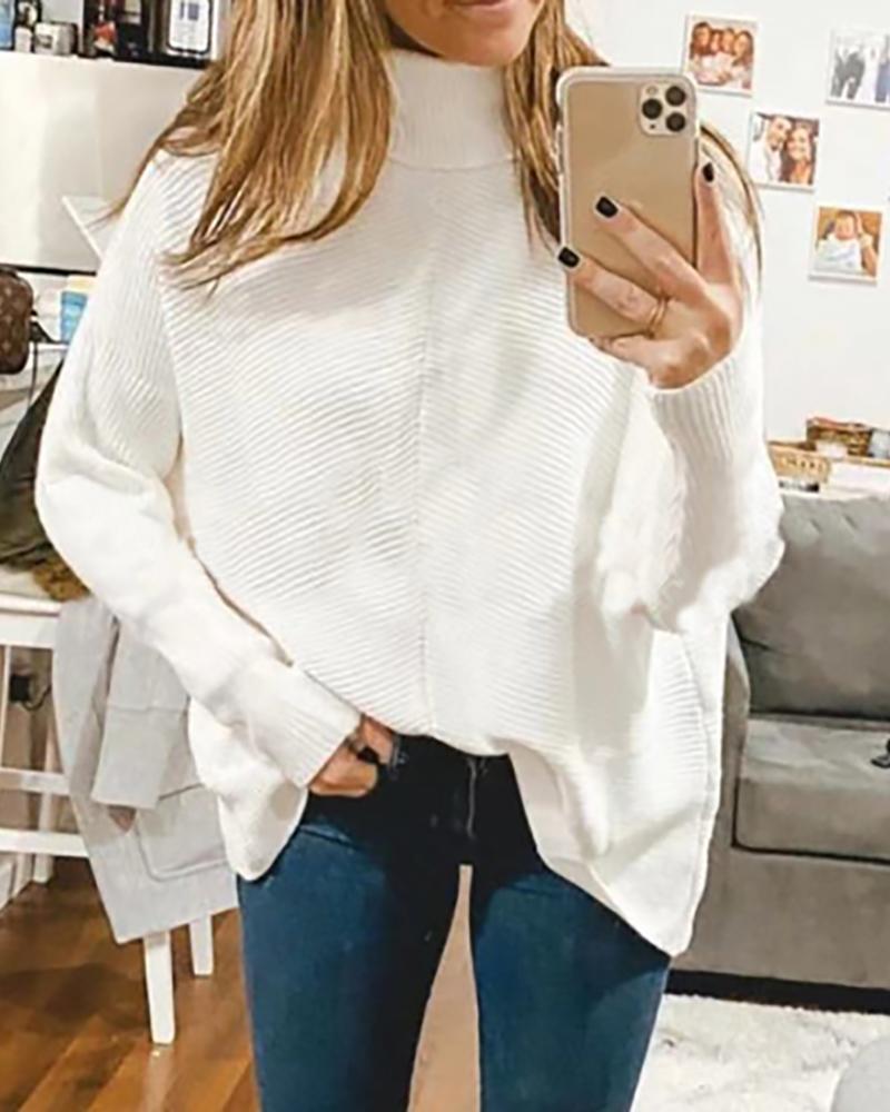

Turtle Neck Plain Bat Wing Sleeve Sweater, White