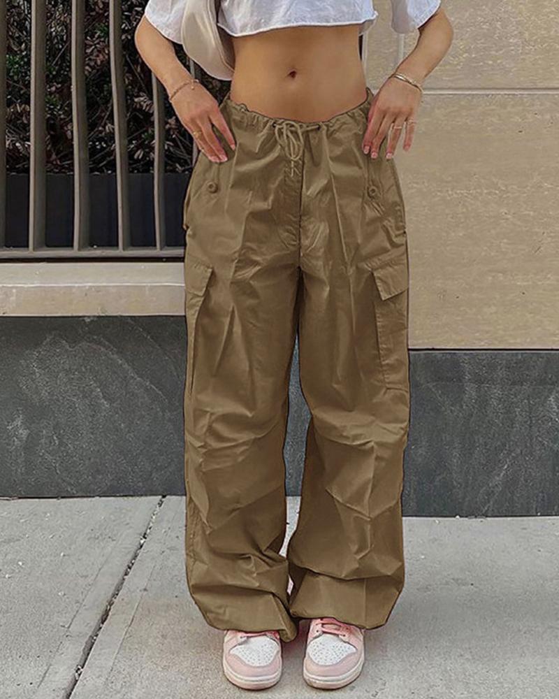 

Pocket Detail Drawstring Low Waist Cargo Pants, Khaki