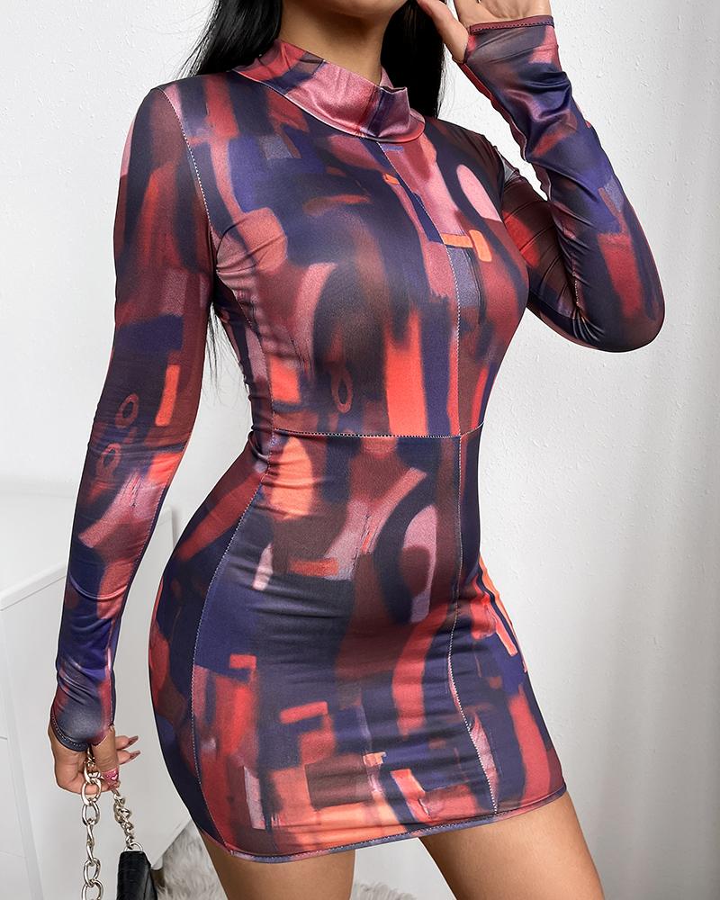 

Colorblock Long Sleeve Mesh Bodycon Dress, Multicolor