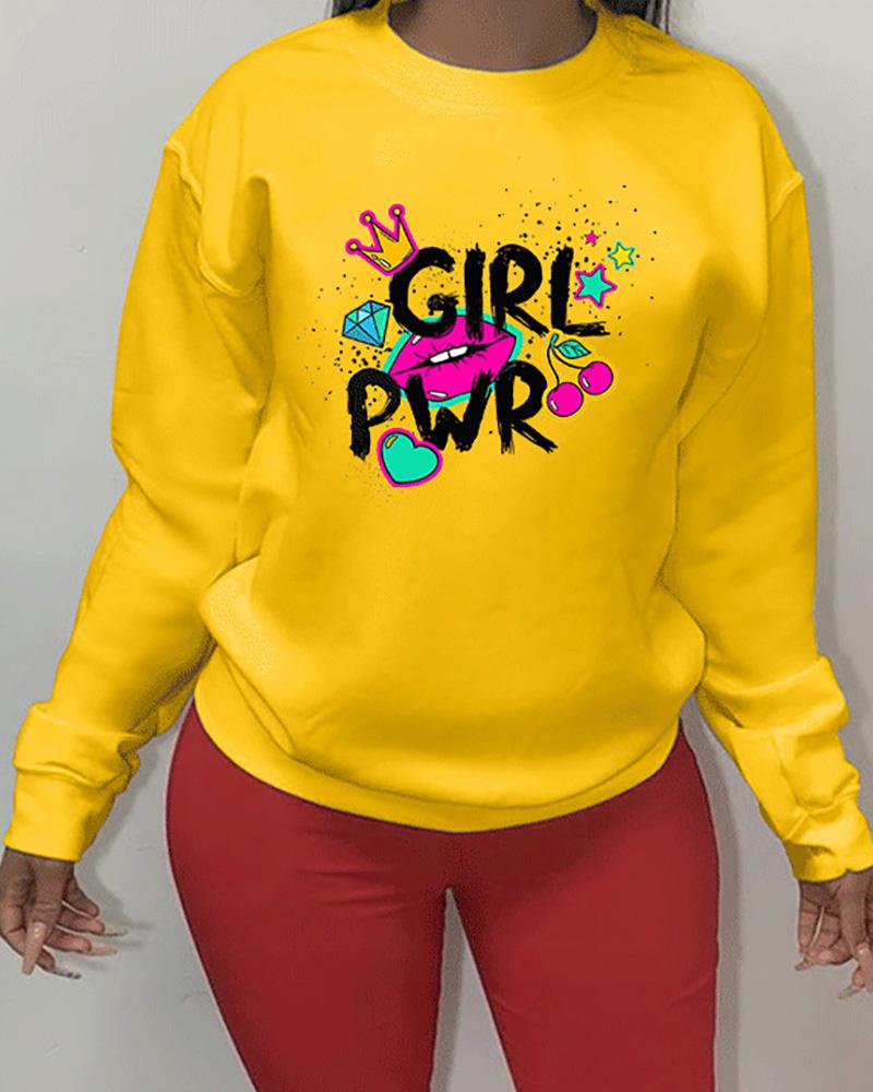 

Letter Lip Mixed Print Long Sleeve Sweatshirt, Yellow