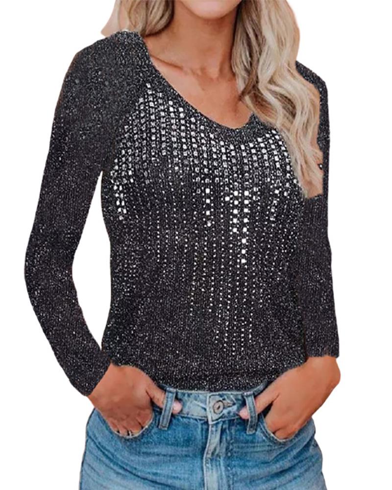 

V Neck Rhinestone Decor Long Sleeve Knit Top, Black