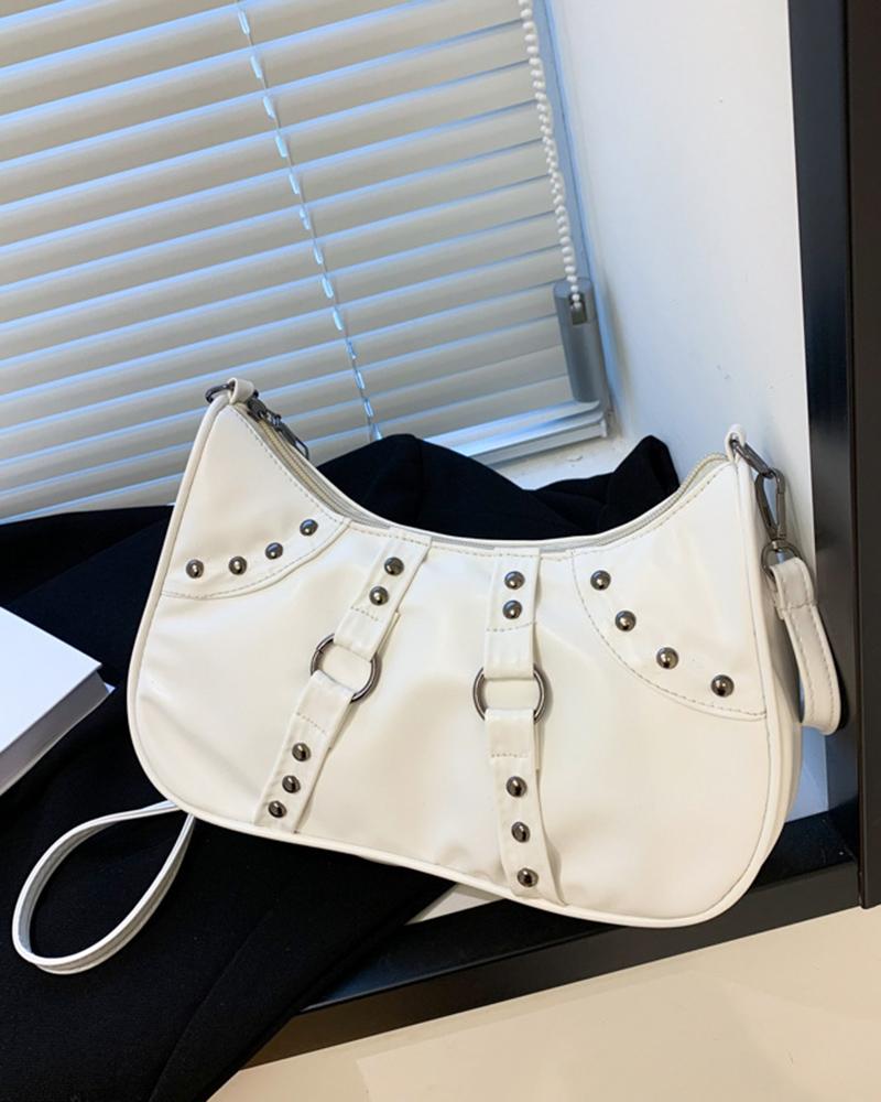 

Studded O-Ring Decor Baguette Bag, White