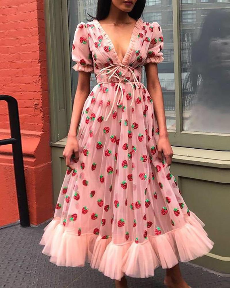 

Strawberry Embroidery Mesh Puff Sleeve Dress, Pink
