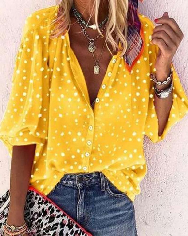 

V Neck All Over Print Button Design Top, Yellow