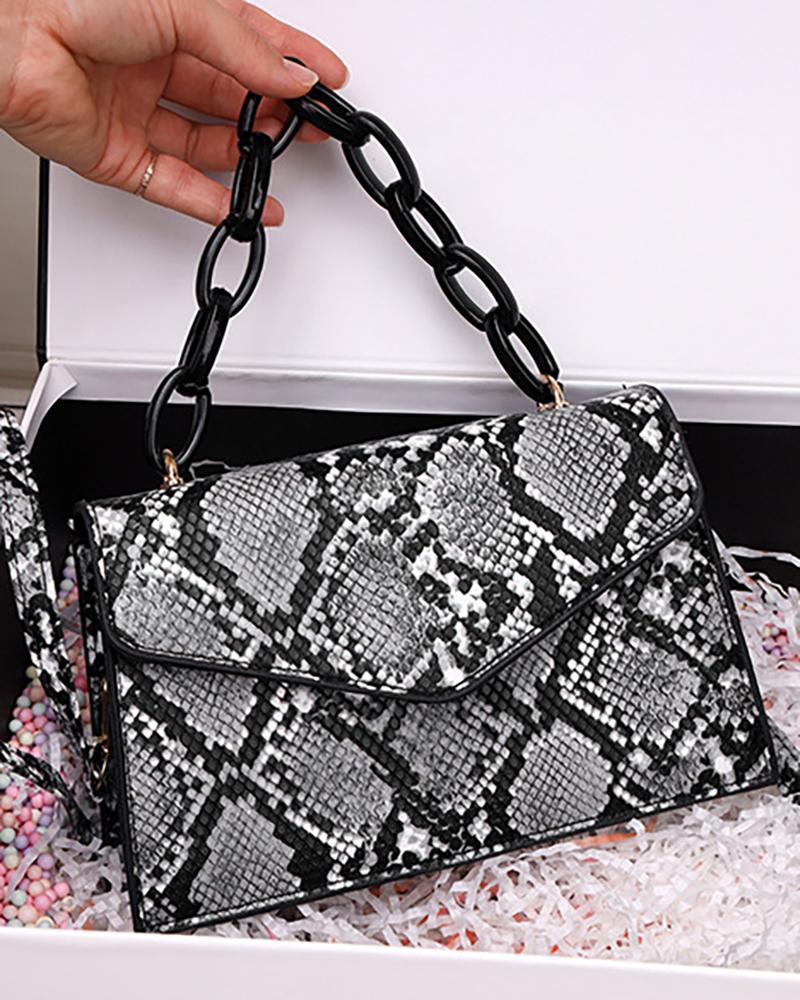 

Snakeskin Print Flap Crossbody Bag With Handle, Black