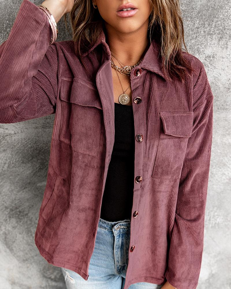 

Corduroy Button Front Pocket Design Shacket, Red
