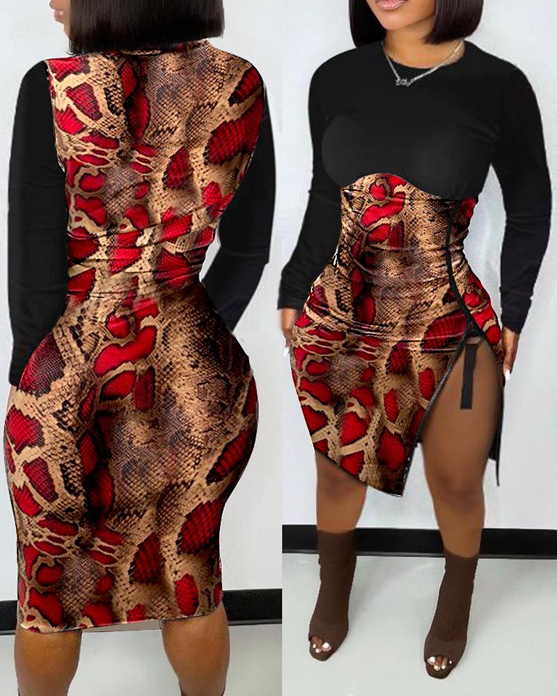 

Snakeskin Print Zipper Detail Bodycon Dress, Multicolor