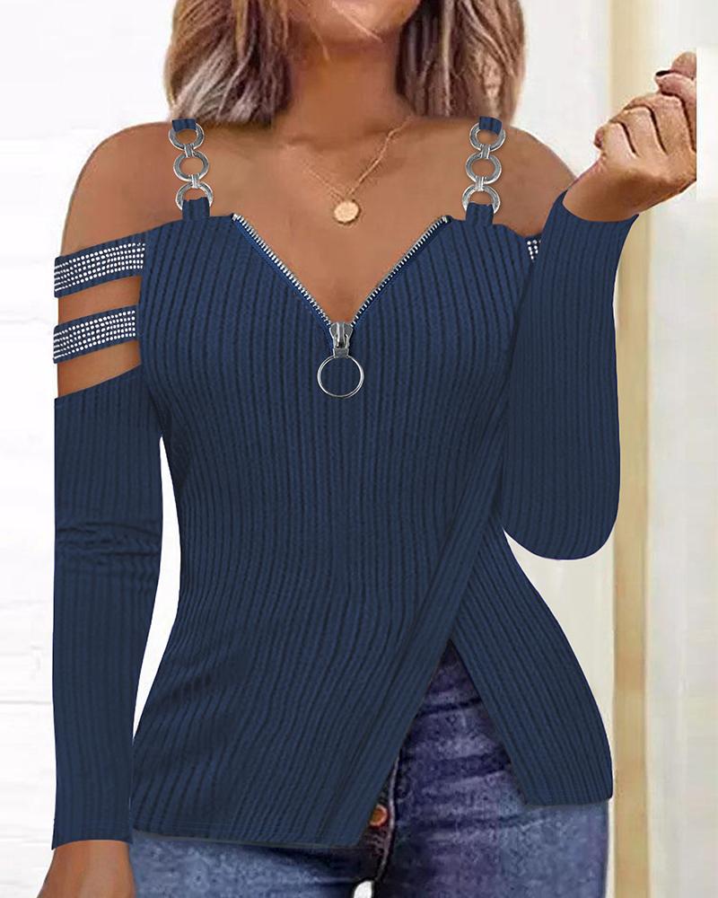 

Cold Shoulder Chain Decor Rhinestone Top, Blue